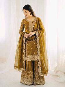 Ensemble Kurta Palazzo Dupatta en soie Fendy brodée de bonne qualité, sans plis, extensible, toutes saisons, pour femmes, pour mariage et fête - Product Image 5