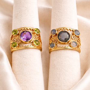 Natural Amethyst and Peridot <b>Moon</b> Shape Modern <b>Ring</b> Brass Gold Plated Handmade Multi Gemstone Designer for Women Wholesale - Product Image 4