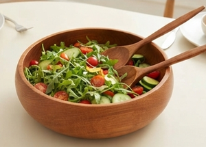 Ensemble de vaisselle en bois élégant, design minimaliste rond, écologique, durable, bols de service, cuillère, fourchette, baguettes - Product Image 4