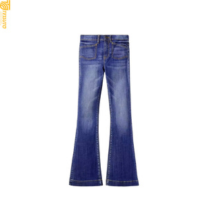 Jean évasé en denim bleu à fermeture éclair pour femme, longueur intégrale, décontracté, vintage, avec ceinture à pompons brodée, taille haute, automne-printemps - Product Image 5