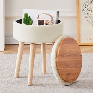 Poggiapiedi Imbottito Multifunzionale Moderno con Gambe in Legno, Sgabello da Toeletta in Lino con Vassoio e Vano Portaoggetti per Hotel, Materiale MDF - Product Image 5