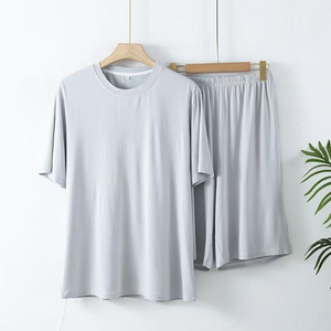 Men's <b>Light</b> Blue Short Sleeve Set Knitted Cotton Solid Color Casual Sleepwear Summer Breathable Soft Fabric Two Piece - Product Image 3