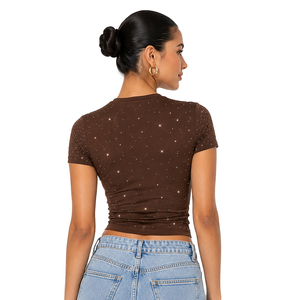 Customized Sparkly Diamonds Baby Tee Women's Shirts Supplier Custom Logo Fitted Gym T-Shirt Bulk Shimmering Casual Ladies Tops - Product Image 2