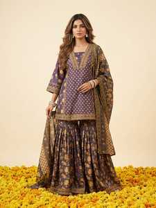 Traditional <b>Indian</b> Women's Purple Cotton Floral Print <b>Kurti</b> Sharara Set Loose Fit Floor-Length Casual All Season Ethnic Wear - Product Image 4