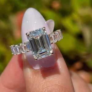 High Quality Moissanite 3 Carat Emerald Cut Gemstone Solitaire <b>Ring</b> 14K Solid Gold Half <b>Eternity</b> Band Wedding Gift for Women's - Product Image 4