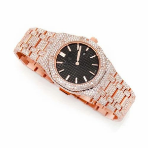 Reloj de Lujo con Incrustaciones de Moissanita, Oro Rosa, Acero Inoxidable, Esfera Negra, Estilo Diamante, Resistente al Agua, Proveedor de Relojes de Pulsera - Product Image 4