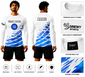 เสื้อรัดกล้ามเนื้อแขนยาวพิมพ์ลายสีขาวน้ำเงินสำหรับผู้ชาย ยี่ห้อ SINEWY SPORTS แบบสั่งทำพิเศษสำหรับ MMA แห้งเร็ว กระชับรูปร่าง - Product Image 1