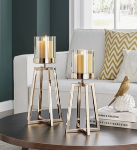 Modern Gold Metal Pillar Candle <b>Holder</b> Set with Tapered <b>Stands</b> and Clear <b>Glass</b> Cylinders for Chic Tabletop Decor Centerpiece - Product Image 1