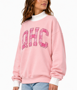 เสื้อสเวตเตอร์คอกลมสีชมพูสำหรับผู้หญิง ปักลายตัวอักษร QHC ลายสก๊อตด้านหน้า ผ้าฝ้ายถัก สวมใส่สบายในฤดูใบไม้ร่วง ทรงปกติ - Product Image 3