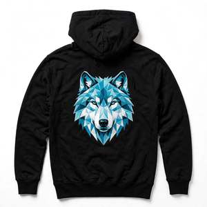 Sweat-shirt à capuche en coton noir à bas prix avec motif loup géométrique bleu, design personnalisé, streetwear pour homme - Product Image 2