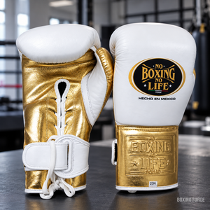 No Boxing No Life Gold White Leather Boxing Gloves Lace-Up Adjustable Wrist Strap Adults Training Breathable Customized Color - Product Image 3