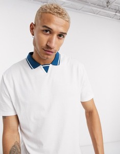 Polo à manches courtes blanc pour homme avec col bleu, style décontracté, en piqué de coton respirant, coupe classique, design uni - Product Image 4