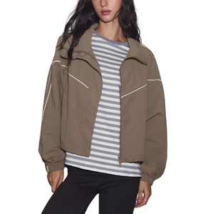 Chaqueta Cortavientos para Mujer, Color Sólido, Cuello Alto, Mangas Largas, Resistente al Viento, Cierre de Cremallera, Chaqueta Corta de Poliéster - Product Image 3