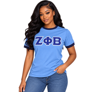 เสื้อยืด Zeta Phi Beta สำหรับผู้หญิง สีฟ้าอ่อน แต่งขอบสีกรมท่า ตัวอักษรกรีกสีน้ำเงินเข้ม ปักลาย ZOB ทรงพอดีตัว แขนสั้น เสื้อยืดชมรมนักศึกษา - Product Image 1