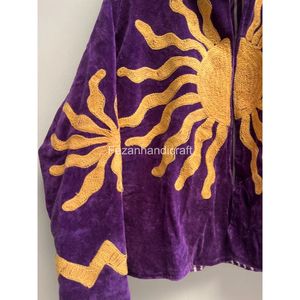 Purple <b>Velvet</b> Mandarin Collar <b>Jacket</b> Full Sleeve Hand Embroidered Geometric Pattern Winter <b>Women's</b> Wear Overcoat - Product Image 3