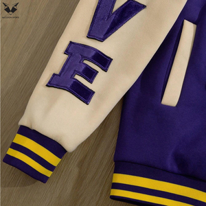 Purple Color Patchwork Varsity <b>Jacket</b> Yellow Striped Trim Unisex Letterman <b>Jacket</b> Chenille Embroidery Streetwear Bomber Coat - Product Image 5