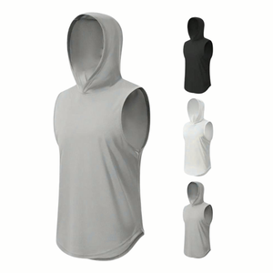 Premium Men's Hooded Sleeveless Tank Top Solid Black French Terry Knitted Casual Breathable Sweatshirt Summer Drawstring Fit - Product Image 3