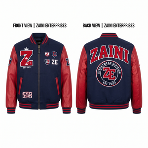 ZAINI Premium 500 GSM Wool Blend Windproof High Street Varsity <b>Jacket</b> <b>Red</b> PU <b>Leather</b> Sleeves Navy Body Custom Embroidered Chest - Product Image 1