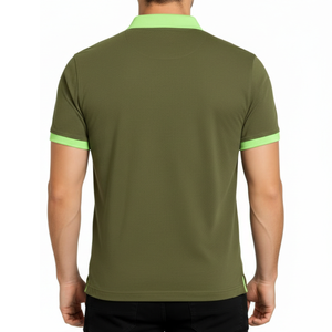Polo de hombre verde oliva de alta demanda con cuello en contraste verde limón neón, corte ajustado y manga corta para golf. - Product Image 4