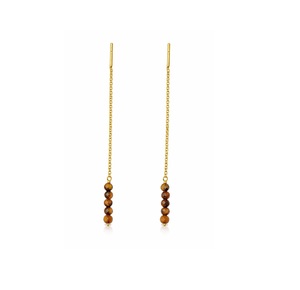 Boucles d'oreilles longues pendantes en argent plaqué or avec pierre œil de tigre et chaîne pour femme, bijoux élégants pour fête et mariage - Product Image 4
