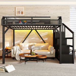 Letto a soppalco interamente in metallo con luci LED e porte USB, armadio integrato silenzioso e scale contenitive per dormitorio - Product Image 1