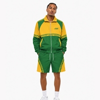 Ensemble de survêtement sportif vert et jaune uni pour homme, col montant, veste zippée, short respirant en satin de polyester, collection printemps