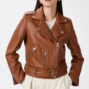 Chaqueta de Motociclista de Cuero Genuino Personalizada para Mujer, Chaqueta de Moto Marrón, Ajustada, con Cierre y Cinturón, OEM ODM - Product Image 1