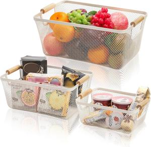 3 Pcs White Wire <b>Mesh</b> <b>Storage</b> <b>Basket</b> Set with Wooden Handles | Pantry Kitchen Closet Organizer Bin Container - Product Image 5