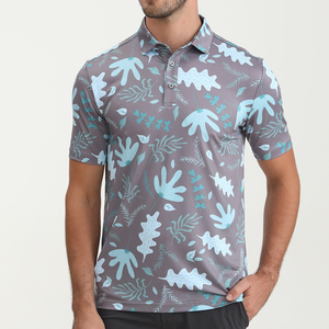 Polo à manches courtes pour homme, gris bleu, imprimé floral, tricoté, séchage rapide, coupe décontractée - Product Image 1