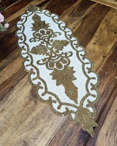 Embroidered Table <b>Runner</b> Floral Pattern Classic Style Beige Gold Home Decor <b>Washable</b> Hand Wash - Product Image 4