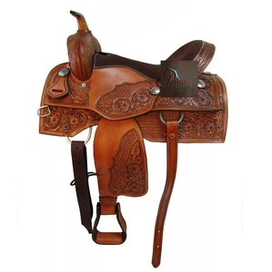 Western Tan Leather Floral And <b>Basket</b> Hand Tooled Barrel Racing Horse Saddle Metal Conchos Brown Suede Seat With Tack Set - Product Image 1