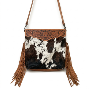 Sac bandoulière en cuir de vachette repoussé avec motifs floraux, bords tressés et sangle réglable, style western - Product Image 1