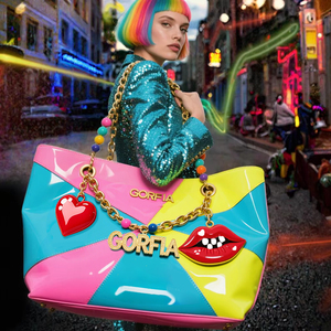 Bolso de Mano GORFIA de Cuero Sintético Colorido, Estilo Pop Art, con Cadenas de Cuentas y Asa de Transporte, Bolsas para Mujer - Product Image 6