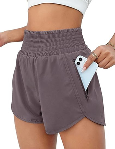 Shorts de course taille haute pour femme avec poche zippée, séchage rapide, sportifs, athlétiques, noirs unis, en Spandex et Polyester tricoté, coupe ajustée - Product Image 1