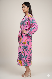 Robe en velours kimono pour femme, col en V, fermeture à cordon, longue, manches longues, imprimé, style élégant, hiver/automne - Product Image 3