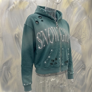 Snowgrace Hooded Zip-Up Sweatshirt <b>Rhinestone</b> Logo Oversized Fit Unisex Winter Style Knitted <b>Fabric</b> Green Color - Product Image 2