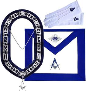 Delantal de oficial de la logia azul masónica, collar de cadena plateada y conjunto de guantes, bellamente bordado a máquina con hilos de seda azules. - Product Image 6