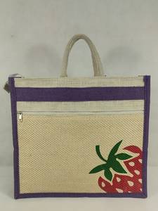 Jute Shopping <b>Tote</b> <b>Bag</b> <b>with</b> Front Zipper Pocket and Cartoon Print Reusable Eco-Friendly Wedding Gift <b>Bag</b> - Product Image 1