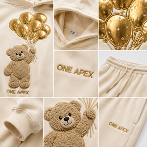 Ensemble de survêtement unisexe de luxe en molleton avec sweat à capuche et pantalon de jogging brodés motif ours en peluche crème surdimensionné – OEM ODM - Product Image 6