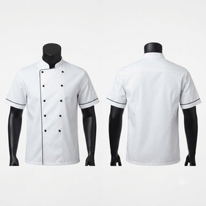 เสื้อเชฟสีขาว แบรนด์ Sales Blackhardson พรีเมียม ผ้าทวิลล์ ผสมโพลีเอสเตอร์ 65% ผ้าฝ้าย 35% หนา 200 GSM แต่งขอบสีดำ สำหรับร้านอาหารและบาร์  แบบสั่งทำพิเศษ - Product Image 1