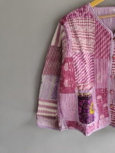 Quilted <b>Patchwork</b> <b>Jacket</b> Women's V-Neck Three Quarter Sleeve Cotton Autumn Style Button Closure Regular Length gifts for her - Product Image 2