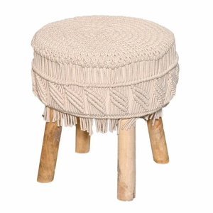 Beige Cotton Handmade Round Macrame Covered <b>Ottoman</b> <b>Stool</b> with Wooden Legs Boho Footrest Pouf for Living Room Hotel Cafe Decor - Product Image 1