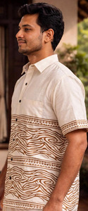 Handcrafted <b>Men</b> Ivory Cotton <b>Short</b> Sleeve Shirt with Traditional <b>Brown</b> Hand Block Print Border and Wave Motifs - Product Image 1