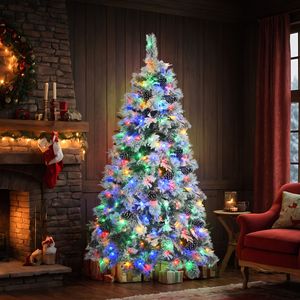 La neve di abete rosso Pre-illuminato di 6 piedi accorrevano l'albero di Natale 403 punte dei rami 250 luci a LED multicolore pigne 11 modalità di vacanza - Product Image 1