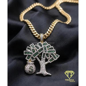 Pendentif Arbre à Monnaie en Argent Sterling 925, Moissanite, Diamant, Pierre Verte, Entièrement Sertie, Bijoux Hip Hop - Product Image 2