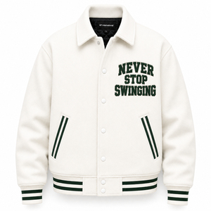 Chaqueta Varsity Blanca de Alta Calidad para Hombre, Bordada con 'Never Stop Swinging', Estilo Preppy, de Algodón, para Otoño - Product Image 1