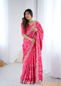 Sari en Soie Satinée Scintillante Grace, Sari Premium avec Broderies, Sari Ethnique Élégant de Créateur, Sari de Festival Majestueux en Soie Satinée - Product Image 4