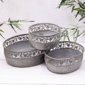 Galvanized Zinc Metal Oval Planter Set with Handles, Rustic Farmhouse Garden Flower <b>Pot</b>, Industrial Indoor Outdoor Home Decor - Product Image 6