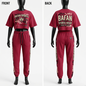 Premium Women <b>Crop</b> T Shirt and Pant Set 300 GSM Cotton Fleece <b>Red</b> Color Side Panel Custom Logo Wear Women's Sets - Product Image 1