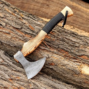Nordic Forge Hand Forged Damascus Steel Camping <b>Axe</b> Ash Wood <b>Handle</b> Leather Sheath Industrial Grade Custom OEM 6.5" Bearded Head - Product Image 1